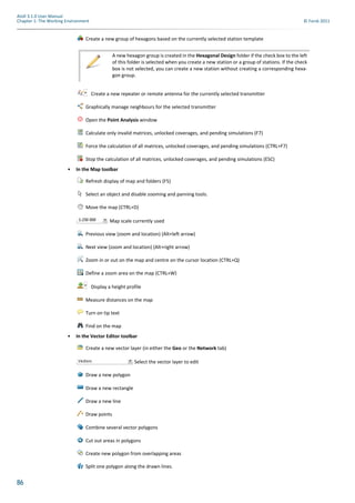 86
Atoll 3.1.0 User Manual
Chapter 1: The Working Environment © Forsk 2011
Create a new group of hexagons based on the currently selected station template
Create a new repeater or remote antenna for the currently selected transmitter
Graphically manage neighbours for the selected transmitter
Open the Point Analysis window
Calculate only invalid matrices, unlocked coverages, and pending simulations (F7)
Force the calculation of all matrices, unlocked coverages, and pending simulations (CTRL+F7)
Stop the calculation of all matrices, unlocked coverages, and pending simulations (ESC)
• In the Map toolbar
Refresh display of map and folders (F5)
Select an object and disable zooming and panning tools.
Move the map (CTRL+D)
Map scale currently used
Previous view (zoom and location) (Alt+left arrow)
Next view (zoom and location) (Alt+right arrow)
Zoom in or out on the map and centre on the cursor location (CTRL+Q)
Define a zoom area on the map (CTRL+W)
Display a height profile
Measure distances on the map
Turn on tip text
Find on the map
• In the Vector Editor toolbar
Create a new vector layer (in either the Geo or the Network tab)
Select the vector layer to edit
Draw a new polygon
Draw a new rectangle
Draw a new line
Draw points
Combine several vector polygons
Cut out areas in polygons
Create new polygon from overlapping areas
Split one polygon along the drawn lines.
A new hexagon group is created in the Hexagonal Design folder if the check box to the left
of this folder is selected when you create a new station or a group of stations. If the check
box is not selected, you can create a new station without creating a corresponding hexa-
gon group.
 