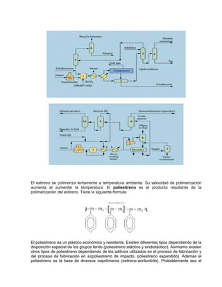 El estireno se polimeriza lentamente a temperatura ambiente. Su velocidad de polimerización
aumenta al aumentar la temperatura. El poliestireno es el producto resultante de la
polimerización del estireno. Tiene la siguiente fórmula:
El poliestireno es un plástico económico y resistente. Existen diferentes tipos dependiendo de la
disposición espacial de los grupos fenilo (poliestireno atáctico y sindiotáctico). Asimismo existen
otros tipos de poliestireno dependiendo de los aditivos utilizados en el proceso de fabricación y
del proceso de fabricación en sí(poliestireno de impacto, poliestireno expandido). Además el
poliestireno es la base de diversos copolímeros (estireno-acrilonitrilo). Probablemente sea el
 