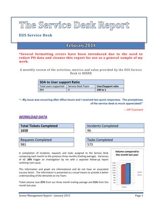 Senior Management Report – January 2015 Page 1
EUS Service Desk
*Several formatting errors have been introduced due to the need to
redact PII data and cleanse this report for use as a general sample of my
work.
A monthly review of the activities, metrics and value provided by the EUS Service
Desk to XXXXX
SDA to User support Ratio
Total users supported Service Desk Team User/Support ratio
894 9 100 to 1
“– My issue was occurring after office hours and I received two quick responses. The promptness
of the service desk is much appreciated!”
– VIP Comment
Total Tickets Completed
1650
Incidents Completed
96
Requests Completed
981
Tasks Completed
573
A compilation of Incidents, requests and tasks assigned to the Service Desk
comparing each month to the previous three months (trailing average). Variances
of +/- 20% trigger an investigation by me with a separate follow-up report
outlining root cause.
This information and graph are informational and do not have an associated
success factor. The information is presented as a visual means to provide a better
understanding of the demands on my Team.
Ticket volume rose 27% from our three month trailing average and 51% from this
month last year.
 