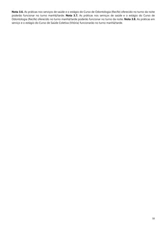 33
Nota 3.6. As práticas nos serviços de saúde e o estágio do Curso de Odontologia (Recife) oferecido no turno da noite
poderão funcionar no turno manhã/tarde. Nota 3.7. As práticas nos serviços de saúde e o estágio do Curso de
Odontologia (Recife) oferecido no turno manhã/tarde poderão funcionar no turno da noite. Nota 3.8. As práticas em
serviço e o estágio do Curso de Saúde Coletiva (Vitória) funcionarão no turno manhã/tarde.
 
