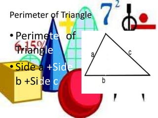Perimeter of TrianglePerimeter of TriangleSide a +Side b +Side c