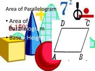 Area of ParallelogramArea of ParallelogramBase x Height