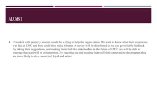 ALUMNI
 If worked with properly, alumni would be willing to help the organization. We want to know what their experience
was like at LWC and how could they make it better. A survey will be distributed so we can get reliable feedback.
By taking their suggestions, and making them feel like stakeholders in the future of LWC, we will be able to
leverage that goodwill in volunteerism. By reaching out and making them still feel connected to the program they
are more likely to stay connected, loyal and active.
 