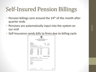Self-Insured Pension Billings
5/7/2015
• Pension billings sent around the 14th of the month after
quarter ends
• Pensions are automatically input into the system on
our end
• Self-Insurance sends bills to firms due to billing cycle
 