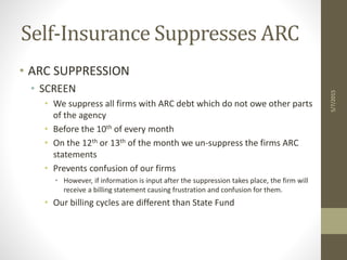 Self-Insurance Suppresses ARC
• ARC SUPPRESSION
• SCREEN
• We suppress all firms with ARC debt which do not owe other parts
of the agency
• Before the 10th of every month
• On the 12th or 13th of the month we un-suppress the firms ARC
statements
• Prevents confusion of our firms
• However, if information is input after the suppression takes place, the firm will
receive a billing statement causing frustration and confusion for them.
• Our billing cycles are different than State Fund
5/7/2015
 