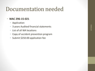 Documentation needed
• WAC 296-15-021
• Application
• 3 years Audited financial statements
• List of all WA locations
• Copy of accident prevention program
• Submit $250.00 application fee
5/7/2015
 