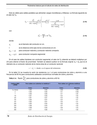 Parámetros básicos para el cálculo de redes de distribución 
Esto es válido para cables paralelos que alimentan cargas monofásicas y trifásicas. La fórmula siguiente da 
el valor de YP: 
YP 
4 
XP 
----------------------------- 
= + ---------------------------------------------- 
4 + 
192 0,8XP 
 2 
dc 
s 
-----   
0,312 
2 8πf 
XP 
-------- 10 –4 = × KP 
R' 
es el diametro del conductor en cm. 
 2 1,18 
dc 
s 
----   
4 
XP 
----------------------------- + 0,27 
4 + 
192 0,8XP 
s es la distancia entre ejes de los conductores en cm. 
para conductor redondo y conductor redondo compacto. 
para conductor compacto segmental. 
78 Redes de Distribución de Energía 
(3.18) 
con 
(3.19) 
donde 
En el caso de cables tripolares con conductor segmental, el valor de YP obtenido se deberá multiplicar por 
2/3 para obtener el factor de proximidad. También se deberá sustituir en la fórmula original: dc = dx que es el 
diámetro de un conductor redondo de la misma área de un conductor sectorial. 
(3.20) 
En la tabla 3.4 se muestra la razón de resistencia c.a / c.d para conductores de cobre y aluminio a una 
frecuencia de 60 Hz para conductores cableados concéntricos normales de cobre y aluminio. 
TABLA 3.4. Razón para conductores de cobre y aluminio a 60 Hz 
Calibres AWG 
o MCM 
Para cables con cubiertas no metálicas 1 Para cables con cubiertas metálicas 
2 
Cobre Aluminio Cobre Aluminio 
3 y menos 1.000 1.000 1.000 1.000 
2 1.000 1.000 1.01 1.000 
1 1.000 1.000 1.01 1.00 
1/0 1.001 1.000 1.02 1.00 
2/0 1.001 1.001 1.03 1.00 
3/0 1.002 1.001 1.04 1.01 
4/0 1.004 1.001 1.05 1.01 
250 1.005 1.002 1.06 1.02 
300 1.006 1.003 1.07 1.02 
350 1.009 1.004 1.08 1.03 
400 1.011 1.005 1.10 1.04 
dc 
KP = 1,0 
KP = 0,37 
s = dx + t donde t es el espesor del aislamiento 
Rca 
-------- 
Rcd 
 