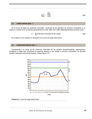 (2.3) 
2.3 CARGA INSTALADA 
------------- 
kVA 
100m 
kW 
100m 
------------- 
cosΦ 
= ------------- 
CI 
Es la suma de todas las potencias nominales continuas de los aparatos de consumo conectados a un 
sistema o a parte de él, se expresa generalmente en kVA, MVA, kW o MW. Matemáticamente se indica como: 
(2.4) 
CI = ΣPotencias nominales de las cargas 
En la figura 2.2 se muestra su ubicación en la curva de carga diaria típica. 
2.4 CAPACIDAD INSTALADA 
PI 
Corresponde a la suma de las potencias nominales de los equipos (transformadores, generadores), 
instalados a líneas que suministran la potencia eléctrica a las cargas o servicios conectados. Es llamada 
también capacidad nominal del sistema. (Véase figura 2.2). 
FIGURA 2.2. Curva de carga diaria típica 
Redes de Distribución de Energía 19 
 