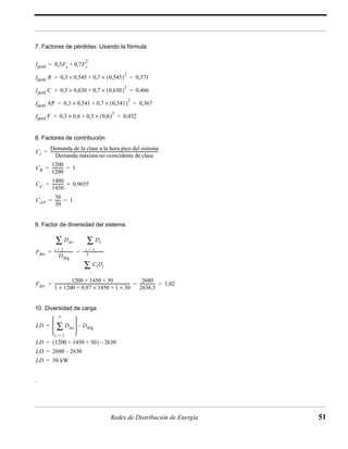 7. Factores de pérdidas: Usando la fórmula 
----------------------------------------------------------------------------- 2680 
= = ---------------- = 1,02 
Redes de Distribución de Energía 51 
fperd 0,3Fc 0,7Fc 
8. Factores de contribución 
9. Factor de diversidad del sistema. 
Σ 
DMg 
Σ 
= = --------------------- 
3 
Σ 
10. Diversidad de carga 
. 
= + 2 
fperd R 0,3 × 0,545 0,7 (0,545)2 = + × = 0,371 
fperd C 0,3 × 0,630 0,7 (0,630)2 = + × = 0,466 
fperd AP 0,3 × 0,541 0,7 (0,541)2 = + × = 0,367 
fperd F 0,3 × 0,6 0,3 (0,6)2 = + × = 0,432 
Ci 
Demanda de la clase a la hora pico del sistema 
Demanda máxima no coincidente de clase 
= --------------------------------------------------------------------------------------------------------------- 
CR 
1200 
1200 
= ----------- = 1 
CC 
1400 
1450 
= ----------- = 0,9655 
CAP 
30 
30 
= ----- = 1 
Fdiv 
Dmi 
i = 1 
------------------- 
Di 
i = 1 
CiDi 
i 1 
Fdiv 
1200 + 1450 + 30 
1 × 1200 + 0,97 × 1450 + 1 × 30 
2636,5 
n 
Σ 
  
  
=   
– DMg 
LD Dmi 
  
i = 1 
LD = (1200 + 1450 + 30) – 2630 
LD = 2680 – 2630 
LD = 50 kW 
 