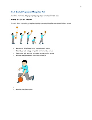 10


1.4.2 Bentuk Pergerakan Manipulasi Alat

Kemahiran manipulasi alat yang diajar diperingkat pra dan sekolah rendah ialah:

MEMBALING DAN MELAMBUNG

Di antara aktiviti membaling yang selalu dilakukan oleh guru pendidikan jasmani ialah seperti berikut:




         Melambung sebiji bola ke udara dan menyambut semula
         Melambung bola setinggi yang boleh dan menyambut semula
         Melambung bola serendah yang boleh dan menyambut semula
         Meleretkan bola ke dinding dan menahan semula




         Meleretkan bola kesasaran
 