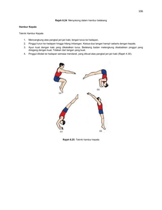 106


                                Rajah 6.24: Menyokong dalam hambur belakang

Hambur Kepala

Teknik Hambur Kepala

   1.   Mencangkung atas pangkal jari-jari kaki, lengan lurus ke hadapan,
   2.   Pinggul turun ke hadapan hingga hilang imbangan. Kedua-dua tangan hampir sebaris dengan kepala.
   3.   Ayun kuat dengan kaki yang dikekalkan lurus. Belakang badan melengkung disebabkan pinggul yang
        diregang dengan kuat. Tolakan dari tangan yang kuat.
   4.   Pinggul ditolak ke hadapan semasa mendarat, yang dibuat atas pangkal jari-jari kaki (Rajah 4.30).




                                        Rajah 6.25: Teknik hambur kepala
 