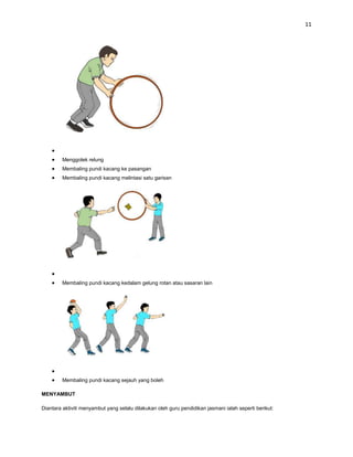 11




         Menggolek relung
         Membaling pundi kacang ke pasangan
         Membaling pundi kacang melintasi satu garisan




         Membaling pundi kacang kedalam gelung rotan atau sasaran lain




         Membaling pundi kacang sejauh yang boleh

MENYAMBUT

Diantara aktiviti menyambut yang selalu dilakukan oleh guru pendidikan jasmani ialah seperti berikut:
 