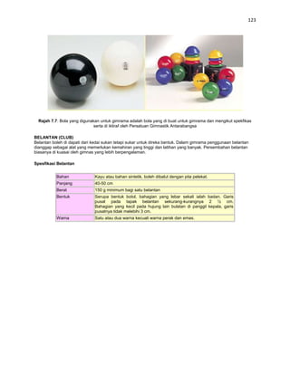 123




  Rajah 7.7: Bola yang digunakan untuk gimrama adalah bola yang di buat untuk gimrama dan mengikut spekfikas
                             serta di iktiraf oleh Persatuan Gimnastik Antarabangsa

BELANTAN (CLUB)
Belantan boleh di dapati dari kedai sukan tetapi sukar untuk direka bentuk. Dalam gimrama penggunaan belantan
dianggap sebagai alat yang memerlukan kemahiran yang tinggi dan latihan yang banyak. Persembahan belantan
biasanya di kuasai oleh gimnas yang lebih berpengalaman.

Spesfikasi Belantan


           Bahan              Kayu atau bahan sintetik, boleh dibalut dengan pita pelekat.
           Panjang            40-50 cm
           Berat              150 g minimum bagi satu belantan
           Bentuk             Serupa bentuk botol, bahagian yang lebar sekali ialah badan. Garis
                              pusat pada tapak belantan sekurang-kurangnya 2 ½ cm.
                              Bahagian yang kecil pada hujung lain bulatan di panggil kepala, garis
                              pusatnya tidak melebihi 3 cm.
           Warna              Satu atau dua warna kecuali warna perak dan emas.
 