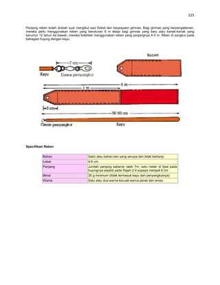 125


Panjang reben boleh diubah suai mengikut saiz fizikal dan keupayaan gimnas. Bagi gimnas yang berpengalaman,
mereka perlu menggunakan reben yang berukuran 6 m tetapi bagi gimnas yang baru atau kanak-kanak yang
berumur 12 tahun ke bawah, mereka bolehlah menggunakan reben yang panjangnya 4-5 m. Riben di sangkut pada
bahagian hujung dengan kayu.




Specifikasi Reben


          Bahan                        Satin atau bahan lain yang serupa dan tidak berkanji.
          Lebar                        4-6 cm
          Panjang                      Jumlah panjang sebenar ialah 7m, satu meter di lipat pada
                                       hujungnya seperti pada Rajah 2.9 supaya menjadi 6 cm
          Berat                        35 g minimum (tidak termasuk kayu dan penyangkutnya)
          Warna                        Satu atau dua warna kecuali warna perak dan emas.
 