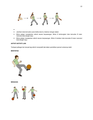 13




         Jatuhkan bola kemudian pukul ketika bola itu melantun dengan alatan
         Minta pelajar menjalankan aktiviti secara berpasangan. Minta A lambungkan bola kemudian B akan
         memukul bola dengan kayu
         Minta pelajar menjalankan aktiviti secara berpasangan. Minta A leretkan bola kemudian B akan memukul
         bola dengan kayu

AKTIVIT-AKTIVITI LAIN

Terdapat pelbagai dan banyak lagi aktiviti manipulatif alat dalam pendidikan jasmani antaranya ialah:

MENYEPAK




MENAHAN
 