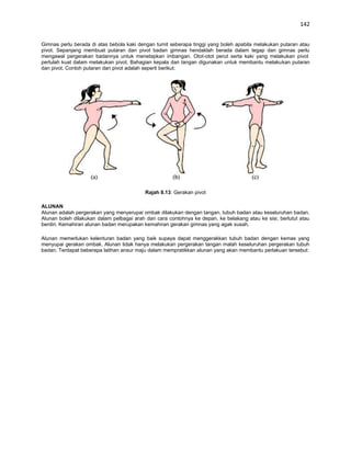 142


Gimnas perlu berada di atas bebola kaki dengan tumit seberapa tinggi yang boleh apabila melakukan putaran atau
pivot. Sepanjang membuat putaran dan pivot badan gimnas hendaklah berada dalam tegap dan gimnas perlu
mengawal pergerakan badannya untuk menetapkan imbangan. Otot-otot perut serta kaki yang melakukan pivot
perlulah kuat dalam melakukan pivot. Bahagian kepala dan tangan digunakan untuk membantu melakukan putaran
dan pivot. Contoh putaran dan pivot adalah seperti berikut:




                                          Rajah 8.13: Gerakan pivot

ALUNAN
Alunan adalah pergerakan yang menyerupai ombak dilakukan dengan tangan, tubuh badan atau keseluruhan badan.
Alunan boleh dilakukan dalam pelbagai arah dan cara contohnya ke depan, ke belakang atau ke sisi; berlutut atau
berdiri. Kemahiran alunan badan merupakan kemahiran gerakan gimnas yang agak susah.

Alunan memerlukan kelenturan badan yang baik supaya dapat menggerakkan tubuh badan dengan kemas yang
menyupai gerakan ombak. Alunan tidak hanya melakukan pergerakan tangan malah keseluruhan pergerakan tubuh
badan. Terdapat beberapa latihan ansur maju dalam mempratikkan alunan yang akan membantu perlakuan tersebut:
 