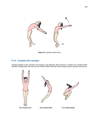 144




                                      Rajah 8.14: Gerakan teknik alunan




8.1.4 Lompatan dan Layangan

Terdapat pelbagai variasi lompatan dan layangan yang dilakukan dalam gimrama. Lompatan dan mendarat boleh
dilakukan menggunakan satu atau dua kaki. Berikut adalah beberapa variasi lompatan yang di gunakan oleh gimnas.
 