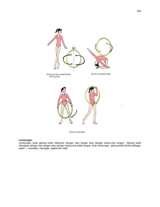 162




Lambungan
Lambungan pada gelung boleh dilakukan dengan satu tangan atau dengan kedua-dua tangan. Gelung boleh
ditangkap dengan satu tangan atau dengan kedua-dua belah tangan. Arah lambungan gelung boleh terdiri pelbagai
satah — mendatar, menegak, sagital dan oblik,’
 