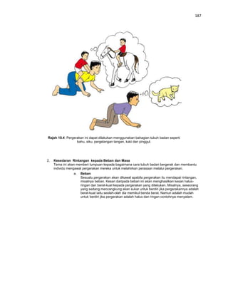 187




Rajah 10.4: Pergerakan ini dapat dilakukan menggunakan bahagian tubuh badan seperti
                  bahu, siku, pergelangan tangan, kaki dan pinggul.




2.   Kesedaran Rintangan kepada Beban dan Masa
     Tema ini akan memberi tumpuan kepada bagaimana cara tubuh badan bergerak dan membantu
     individu mengawal pergerakan mereka untuk melahirkan perasaan melalui pergerakan.
                a.   Beban
                     Sesuatu pergerakan akan dikawal apabila pergerakan itu mendapat rintangan,
                     misalnya beban. Kesan daripada beban ini akan menghasilkan kesan halus-
                     ringan dan berat-kuat kepada pergerakan yang dilakukan. Misalnya, seseorang
                     yang sedang mencangkung akan sukar untuk berdiri jika pergerakannya adalah
                     berat-kuat iaitu seolah-olah dia memikul benda berat. Namun adalah mudah
                     untuk berdiri jika pergerakan adalah halus dan ringan contohnya menyelam.
 