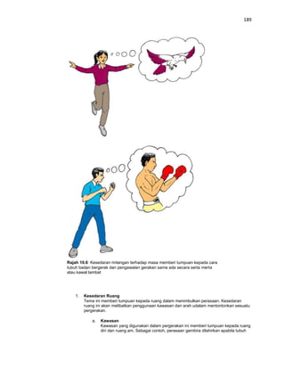 189




Rajah 10.6: Kesedaran rintangan terhadap masa memberi tumpuan kepada cara
tubuh badan bergerak dan pengawalan gerakan sama ada secara serta merta
atau kawal lambat




    1.   Kesedaran Ruang
         Tema ini memberi tumpuan kepada ruang dalam menimbulkan perasaan. Kesedaran
         ruang ini akan melibatkan penggunaan kawasan dan arah udalam mentontonkan sesuatu
         pergerakan.

             a.   Kawasan
                  Kawasan yang digunakan dalam pergerakan ini memberi tumpuan kepada ruang
                  diri dan ruang am. Sebagai contoh, perasaan gembira dilahirkan apabila tubuh
 