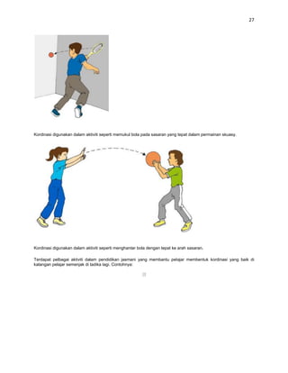 27




Kordinasi digunakan dalam aktiviti seperti memukul bola pada sasaran yang tepat dalam permainan skuasy.




Kordinasi digunakan dalam aktiviti seperti menghantar bola dengan tepat ke arah sasaran.

Terdapat pelbagai aktiviti dalam pendidikan jasmani yang membantu pelajar membentuk kordinasi yang baik di
kalangan pelajar semenjak di tadika lagi. Contohnya:
 