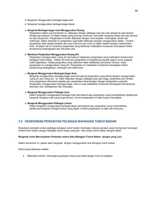 40


         Bergerak menggunakan berbagai-bagai arah
         Bergerak menggunakan berbagai-bagai laluan

      a. Bergerak Berbagai-bagai Cara Menggunakan Ruang
          Pergerakan dalam sub kemahiran ini dilakukan dengan pelbagai cara dari satu tempat ke satu tempat
          dilingkungi kawasan. Di dalam dewan yang kosong contohnya, kita boleh bergerak bebas dari satu tempat
          ke satu tempat lain. Pergerakan ini boleh dilakukan dengan cara berjalan, merangkak, berlari dan
          melompat. Selain daripada itu pergerakan juga boleh dilakukan dengan menggunakan alatan. Contoh
          pergerakan ialah pelajar berjalan dari satu sudut ke satu sudut di dalam dewan dengan melantunkan
          bola. Di dalam hal ini, kesemua pergerakan yang dilakukan melibatkan komponen kecergasan fizikal
          terutamanya ketangkasan dan kekuatan otot.

      b. Membuat Pergerakan Menggunakan Ruang Diri
          Pergerakan menggunakan ruang diri bermaksud melakukan pergerakan yang melibatkan keseluruhan
          bahagian tubuh badan. Dalam erti kata lain pergerakan ini bergantung kepada sejauh mana anggota
          boleh digerakkan. Selagi pergerakan yang dilakukan tidak melibatkan perubahan tempat, maka
          pergerakan itu menggunakan ruang diri. Pergerakan ini melibatkan komponen kecergasan fizikal
          terutamanya ketangkasan, imbangan dan kelenturan.

      c. Bergerak Menggunakan Berbagai-bagai Aras
          Bergerak menggunakan berbagai-bagai aras bermaksud pergerakan yang dibuat dengan menggunakan
          ruang diri dan ruang am. Ia boleh dilakukan dengan pelbagai aras iaitu tinggi, sederhana dan rendah.
          Aras pergerakan ditentukan apabila satu pergerakan dibandingkan dengan pergerakan yang lain.
          Pergerakan menggunakan berbagai-bagai aras ini pula melibatkan komponen kecergasan terutamanya
          kekuatan otot, ketangkasan dan imbangan.

      d. Bergerak Menggunakan Pelbagai Arah
          Dalam bergerak menggunakan berbagai arah bermaksud satu pergerakan yang membolehkan perlakunya
          bergerak mengikut arah yang di gemarinya. Contoh pergerakan ini ialah buaya merangkak.

      e. Bergerak Menggunakan Pelbagai Laluan
          Dalam bergerak menggunakan berbagai laluan bermaksud satu pergerakan yang membolehkan
          perlakunya bergerak mengikut laluan yang dipilih. Contoh pergerakan ini ialah ulat menyusur.




3.5 KESEDARAN PERKAITAN PELBAGAI BAHAGIAN TUBUH BADAN

Kesedaran perkaitan antara pelbagai bahagian tubuh badan membawa maksud gerakan yang mempunyai hubungan
antara tubuh badan dengan bahagian tubuh badan yang lain atau antara tubuh badan dengan alatan.

Bergerak untuk Menunjukkan Perkaitan antara Satu Bahagian Tubuh Badan dengan yang Lain

Dalam kemahiran ini, pelaku akan bergerak dengan menggunakan dua bahagian tubuh badan.

Aktiviti yang dilakukan adalah:

         Melompat sambil mencangkung dengan kedua-dua belah tangan lurus ke hadapan.
 