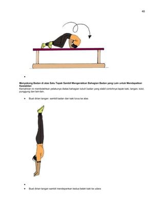 48




Menyokong Badan di atas Satu Tapak Sambil Mengerakkan Bahagian Badan yang Lain untuk Mendapatkan
Kestabilan
Kemahiran ini membolehkan pelakunya diatas bahagian tubuh badan yang stabil contohnya tapak kaki, tangan, lutut,
punggung dan lain-lain.

        Buat dirian tangan sambil badan dan kaki lurus ke atas




        Buat dirian tangan sambil mendepankan kedua belah kaki ke udara
 