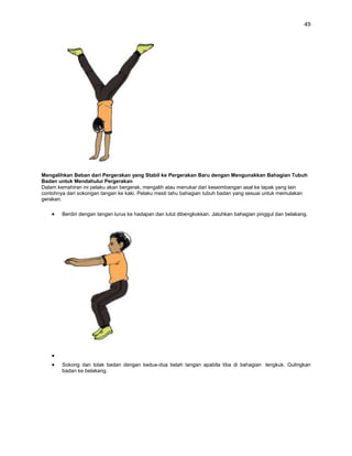 49




Mengalihkan Beban dari Pergerakan yang Stabil ke Pergerakan Baru dengan Mengunakkan Bahagian Tubuh
Badan untuk Mendahului Pergerakan
Dalam kemahiran ini pelaku akan bergerak, mengalih atau menukar dari keseimbangan asal ke tapak yang lain
contohnya dari sokongan tangan ke kaki. Pelaku mesti tahu bahagian tubuh badan yang sesuai untuk memulakan
gerakan.

        Berdiri dengan tangan lurus ke hadapan dan lutut dibengkokkan. Jatuhkan bahagian pinggul dan belakang.




        Sokong dan tolak badan dengan kedua-dua belah tangan apabila tiba di bahagian tengkuk. Gulingkan
        badan ke belakang.
 