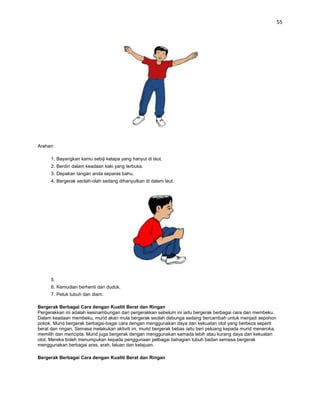 55




Arahan:

      1. Bayangkan kamu sebiji kelapa yang hanyut di laut.
      2. Berdiri dalam keadaan kaki yang terbuka.
      3. Depakan tangan anda separas bahu.
      4. Bergerak seolah-olah sedang dihanyutkan di dalam laut.




      5.
      6. Kemudian berhenti dan duduk.
      7. Peluk tubuh dan diam.

Bergerak Berbagai Cara dengan Kualiti Berat dan Ringan
Pergerakkan ini adalah kesinambungan dari pergerakkan sebelum ini iaitu bergerak berbagai cara dan membeku.
Dalam keadaan membeku, murid akan mula bergerak seolah debunga sedang bercambah untuk menjadi sepohon
pokok. Murid bergerak berbagai-bagai cara dengan menggunakan daya dan kekuatan otot yang berbeza seperti
berat dan ringan. Semasa melakukan aktiviti ini, murid bergerak bebas iaitu beri peluang kepada murid meneroka,
memilih dan mencipta. Murid juga bergerak dengan menggunakan samada lebih atau kurang daya dan kekuatan
otot. Mereka boleh menumpukan kepada penggunaan pelbagai bahagian tubuh badan semasa bergerak
menggunakan berbagai aras, arah, laluan dan kelajuan.

Bergerak Berbagai Cara dengan Kualiti Berat dan Ringan
 