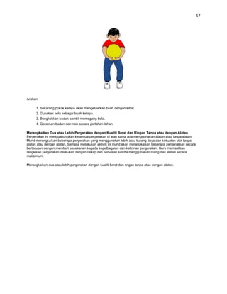 57




Arahan:

      1. Sekarang pokok kelapa akan mengeluarkan buah dengan lebat.
      2. Gunakan bola sebagai buah kelapa.
      3. Bongkokkan badan sambil memegang bola.
      4. Gerakkan badan dan naik secara perlahan-lahan.

Merangkaikan Dua atau Lebih Pergerakan dengan Kualiti Berat dan Ringan Tanpa atau dengan Alatan
Pergerakan ini menggabungkan kesemua pergerakan di atas sama ada menggunakan alatan atau tanpa alatan.
Murid merangkaikan beberapa pergerakan yang menggunakan lebih atau kurang daya dan kekuatan otot tanpa
alatan atau dengan alatan. Semasa melakukan aktiviti ini murid akan merangkaikan beberapa pergerakkan secara
berterusan dengan memberi penekanan kepada kepelbagaian dan kelicinan pergerakan. Guru memastikan
rangkaian pergerakan dilakukan dengan cekap dan berkesan sambil menggunakan ruang dan alatan secara
maksimum.

Merangkaikan dua atau lebih pergerakan dengan kualiti berat dan ringan tanpa atau dengan alatan.
 