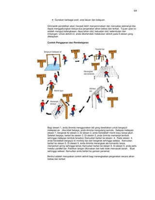 64


      Gunakan berbagai arah, aras laluan dan kelajuan.

Gimnastik pendidikan akan menjadi lebih menyeronokkan dan mencabar sekiranya kita
dapat menggabungkan kedua-dua pergerakan aliran bebas dan terikat. Tujuan ujian ini
adalah menguji ketangkasan, daya tahan otot, kekuatan otot, kelembutan dan
imbangan. Untuk aktiviti ini, anda dikehendaki melakukan aktiviti pada 6 stesen yang
ditetapkan.

Contoh Pengajaran dan Pembelajaran




Bagi stesen 1, anda diminta menggunakan tali yang disediakan untuk bergayut
melepasi air. Jika tidak berjaya, anda diminta mengulang semula. Selepas melepasi
stesen 1, bergerak ke stesen 2. Di stesen 2, anda hendaklah meniti kayu tanpa jatuh.
Setelah berjaya, berlari ke stesen 3. Di stesen 3, anda diminta memanjat tembok
sehingga melepasi tembok tersebut. Kemudian berlari ke stesen 4. Pada stesen 4,
anda hendaklah bergayut di monkey bar dan bergerak sehingga selesai. Kemudian
berlari ke stesen 5. Di stesen 5, anda diminta merangkak ala komando tanpa
menyentuh jaring sehingga tamat. Kemudian berlari ke stesen 6. Di stesen 6, anda perlu
melalui parallel bar. Pastikan tangan diluruskan dan kaki tidak mencecah tanah. Buat
sehingga selesai. Kemudian anda berlari ke garisan penamat.

Berikut adalah merupakan contoh aktiviti bagi merangkaikan pergerakan secara aliran
bebas dan terikat:
 