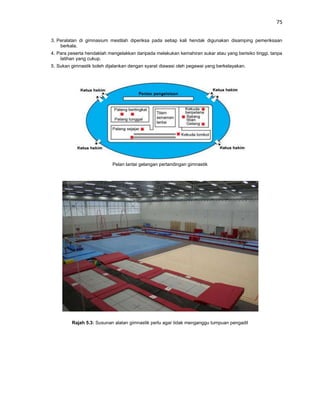 75


3. Peralatan di gimnasium mestilah diperiksa pada setiap kali hendak digunakan disamping pemeriksaan
    berkala.
4. Para peserta hendaklah mengelakkan daripada melakukan kemahiran sukar atau yang berisiko tinggi, tanpa
    latihan yang cukup.
5. Sukan gimnastik boleh dijalankan dengan syarat diawasi oleh pegawai yang berkelayakan.




                            Pelan lantai gelangan pertandingan gimnastik




         Rajah 5.3: Susunan alatan gimnastik perlu agar tidak menganggu tumpuan pengadil
 