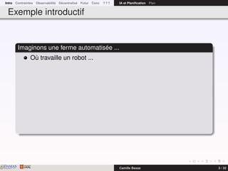 Intro Contraintes Observabilité Décentralisé Futur Conc ? ? ? IA et Planiﬁcation Plan
Exemple introductif
Imaginons une ferme automatisée ...
Où travaille un robot ...
DAMASwww.damas.ift.ulaval.ca Camille Besse 3 / 32
 