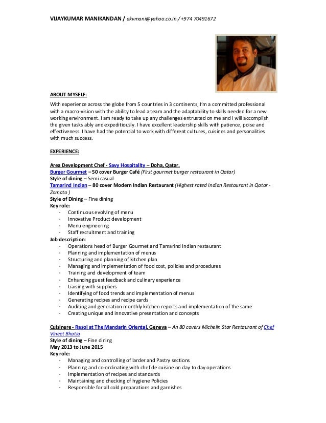 chef manikandan vijaykumar cv chef de cuisine resumes