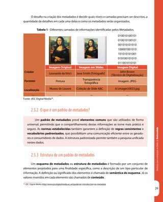 DiretrizesparaaIntegraçãodeDadosdeBiodiversidade
29
 
Criador
Formato
Localização
010010100101
010010100101
001010101010
100001001010
101010101001
010100101010
011001010101
Imagem Original Imagem em Slides Imagem Digital
Leonardo da Vinci Jane Smith [Fotógrafo]
John Brown
[Técnico de Digitalização]
Pintura
Transparência
fotográfica
Imagem .JPEG
Museu de Louvre Coleção de Slide ABC A:images0023.jpg
... ... ... ...
28
JISC Digital Media http://www.jiscdigitalmedia.ac.uk/guide/an-introduction-to-metadata
Um padrão de metadados prevê elementos comuns que são utilizados de forma
universal, permitindo que o compartilhamento destas informações se torne mais prático e
seguro. As normas estabelecidas também garantem a definição de regras consistentes e
vocabulários padronizados, que possibilitam uma comunicação eficiente entre os gerado-
res e consumidores de dados. A estrutura padronizada permite também a pesquisa unificada
nestes dados.
O desafio na criação dos metadados é decidir quais níveis e camadas precisam ser descritos, a
quantidade de detalhes em cada uma delas e como os metadados serão organizados.
Tabela 1 - Diferentes camadas de informações identificadas pelos Metadados.
Fonte: JISC Digital Media28
.
2.5.2 O que é um padrão de metadados?
2.5.3 Estrutura de um padrão de metadados
Um esquema de metadados ou estrutura de metadados é formado por um conjunto de
elementos projetados para uma finalidade específica, como a descrição de um tipo particular de
informação. A definição ou significado dos elementos é chamada de semântica do esquema. Já os
valores inseridos em cada elemento são chamados de conteúdo.
 