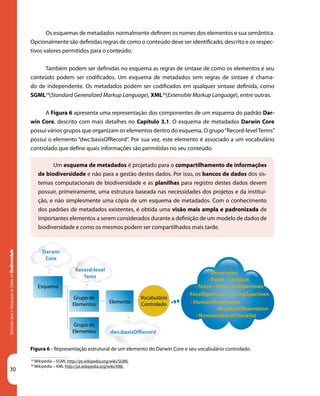 30
DiretrizesparaaIntegraçãodeDadosdeBiodiversidade
Figura 6 - Representação estrutural de um elemento do Darwin Core e seu vocabulário controlado.
Um esquema de metadados é projetado para o compartilhamento de informações
de biodiversidade e não para a gestão destes dados. Por isso, os bancos de dados dos sis-
temas computacionais de biodiversidade e as planilhas para registro destes dados devem
possuir, primeiramente, uma estrutura baseada nas necessidades dos projetos e da institui-
ção, e não simplesmente uma cópia de um esquema de metadados. Com o conhecimento
dos padrões de metadados existentes, é obtida uma visão mais ampla e padronizada de
importantes elementos a serem considerados durante a definição de um modelo de dados de
biodiversidade e como os mesmos podem ser compartilhados mais tarde.
29
Wikipédia – SGML http://pt.wikipedia.org/wiki/SGML
30
Wikipédia – XML http://pt.wikipedia.org/wiki/XML
Os esquemas de metadados normalmente definem os nomes dos elementos e sua semântica.
Opcionalmente são definidas regras de como o conteúdo deve ser identificado, descrito e os respec-
tivos valores permitidos para o conteúdo.
Também podem ser definidas no esquema as regras de sintaxe de como os elementos e seu
conteúdo podem ser codificados. Um esquema de metadados sem regras de sintaxe é chama-
do de independente. Os metadados podem ser codificados em qualquer sintaxe definida, como
SGML29
(Standard Generalized Markup Language), XML30
(Extensible Markup Language), entre outras.
A Figura 6 apresenta uma representação dos componentes de um esquema do padrão Dar-
win Core, descrito com mais detalhes no Capítulo 3.1. O esquema de metadados Darwin Core
possui vários grupos que organizam os elementos dentro do esquema. O grupo“Record-levelTerms”
possui o elemento “dwc:basisOfRecord”. Por sua vez, este elemento é associado a um vocabulário
controlado que define quais informações são permitidas no seu conteúdo.
 