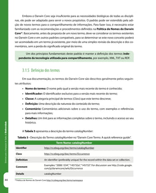 44
DiretrizesparaaIntegraçãodeDadosdeBiodiversidade
Embora o Darwin Core seja insuficiente para as necessidades biológicas de todas as discipli-
nas, ele pode ser adaptado para servir a novos propósitos. O padrão pode ser estendido pela adi-
ção de novos termos para o compartilhamento de informações. Para fazer isso, é necessário estar
familiarizado com as recomendações e procedimentos definidos na Política de Nomes do Darwin
Core48
. Basicamente, antes da proposta de um novo termo, deve-se considerar os termos existentes
no Darwin Core e em outros padrões compatíveis, para se determinar se este novo conceito poderá
ser acomodado em um termo já existente, por meio de uma simples revisão da descrição e dos co-
mentários, sem a perda do significado original do termo.
3.1.5 Definição dos termos
Em sua documentação, os termos do Darwin Core são descritos geralmente pelos seguin-
tes atributos:
•	 Nome do termo: O nome pelo qual a versão mais recente do termo é conhecido;
•	 Identificador: O identificador exclusivo para a versão mais recente do termo;
•	 Classe: A categoria principal de termos (Class) que este termo descreve;
•	 Definição: Uma descrição da natureza do conteúdo do termo;
•	 Comentário: Comentários adicionais sobre o uso do termo, com exemplos e referências
para mais informações;
•	 Detalhes: Um link para as informações completas sobre o termo, incluindo o acesso ao seu
histórico.
A Tabela 5 apresenta a descrição do termo catalogNumber:
Tabela 5 - Descrição do Termo catalogNumber no“Darwin Core Terms: A quick reference guide”.
Term Name: catalogNumber
Identifier http://rs.tdwg.org/dwc/terms/catalogNumber
Class http://rs.tdwg.org/dwc/terms/Occurrence
Definition An identifier (preferably unique) for the record within the data set or collection.
Comment
Examples:“2008.1334”,“145732a”,“145732”. For discussion see http://code.google.
com/p/darwincore/wiki/Occurrence
Details catalogNumber
48
Política de Nomes do Darwin Core http://rs.tdwg.org/dwc/terms/namespace
Um dos princípios fundamentais deste padrão é manter a definição dos termos inde-
pendente da tecnologia utilizada para compartilhamento, por exemplo, XML, TXT ou RDF.
 