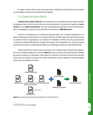 DiretrizesparaaIntegraçãodeDadosdeBiodiversidade
47
52
Portal do GBIF Resources http://rs.gbif.org
As regras e demais informações necessárias para a utilização do Simple Darwin Core podem
ser consultadas no documento de referência do padrão.
3.1.8 Darwin Core Archive (DwC-A)
O Darwin Core Archive (DwC-A) é um padrão para o compartilhamento de dados de biodi-
versidade que faz uso dos termos do Darwin Core para produzir um conjunto de registros de ocor-
rências e/ou de dados taxonômicos. Por meio da utilização de extensões outras informações po-
dem ser agregadas ao esquema. Estas extensões são descritas no GBIF Resources52
.
O DwC-A é composto por um conjunto de arquivos texto, com os dados separados por vír-
gulas ou tabulação, juntamente com um arquivo descritor em XML (meta.xml), para informar como
os arquivos texto são organizados, e um arquivo de metadados em EML (eml.xml), para descrever
o conjunto de dados publicado. Este conjunto de arquivos são compactados em um único arquivo
(Archive). Este formato é o preferido pelo GBIF para a publicação de dados na rede GBIF Network.
A ideia central de um Archive é que os arquivos com os dados estejam logicamente organiza-
dos em um modelo estrela ou star-schema (Figura 9), onde um arquivo principal (núcleo) é rodeado
por diversos arquivos de extensões. Cada arquivo de extensão (ou linha do arquivo de extensão)
aponta para um registro do arquivo de núcleo. Desta forma, muitos registros de extensão podem
existir para cada registro do núcleo.
Figura 9 - Componentes de um arquivo Darwin Core Archive (DwC-A).
 