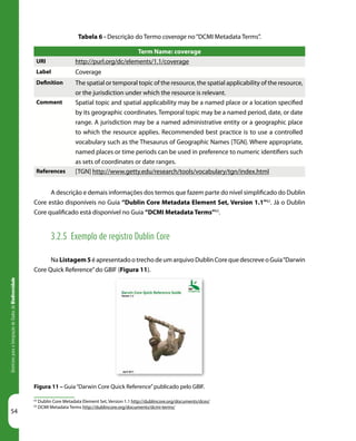 54
DiretrizesparaaIntegraçãodeDadosdeBiodiversidade
Term Name: coverage
URI http://purl.org/dc/elements/1.1/coverage
Label Coverage
Definition The spatial or temporal topic of the resource, the spatial applicability of the resource,
or the jurisdiction under which the resource is relevant.
Comment Spatial topic and spatial applicability may be a named place or a location specified
by its geographic coordinates. Temporal topic may be a named period, date, or date
range. A jurisdiction may be a named administrative entity or a geographic place
to which the resource applies. Recommended best practice is to use a controlled
vocabulary such as the Thesaurus of Geographic Names [TGN]. Where appropriate,
named places or time periods can be used in preference to numeric identifiers such
as sets of coordinates or date ranges.
References [TGN] http://www.getty.edu/research/tools/vocabulary/tgn/index.html
Tabela 6 - Descrição do Termo coverage no“DCMI Metadata Terms”.
A descrição e demais informações dos termos que fazem parte do nível simplificado do Dublin
Core estão disponíveis no Guia “Dublin Core Metadata Element Set, Version 1.1”62
. Já o Dublin
Core qualificado está disponível no Guia “DCMI Metadata Terms”63
.
3.2.5 Exemplo de registro Dublin Core
Na Listagem5 é apresentado o trecho de um arquivo Dublin Core que descreve o Guia“Darwin
Core Quick Reference”do GBIF (Figura 11).
62
Dublin Core Metadata Element Set, Version 1.1 http://dublincore.org/documents/dces/
63
DCMI Metadata Terms http://dublincore.org/documents/dcmi-terms/
Figura 11 – Guia“Darwin Core Quick Reference”publicado pelo GBIF.
 