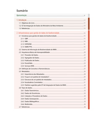 Sumário
Apresentação.......................................................................................................................................................................................................9
1. Introdução.......................................................................................................................................................................................................11
1.1 Objetivos do Livro...........................................................................................................................................................................11
1.2 GT de Integração de Dados do Ministério do Meio Ambiente.......................................................................13
1.3 Referências...........................................................................................................................................................................................13
2. Infraestruturas para gestão de dados de biodiversidade.....................................................................................15
2.1 Iniciativas para gestão de dados de biodiversidade..............................................................................................15
2.1.1 GBIF..................................................................................................................................................................................................15
2.1.2 NBII..................................................................................................................................................................................................16
2.1.3 DATAONE....................................................................................................................................................................................16
2.1.4 IABIN PTN....................................................................................................................................................................................16
2.2 Sistema de Informação de Biodiversidade do MMA..............................................................................................17
2.3 Arquitetura Básica de Interoperabilidade......................................................................................................................20
2.3.1 Provedor de Dados..............................................................................................................................................................22
2.3.2 Agregador de Dados..........................................................................................................................................................22
2.3.3 Publicador de Dados...........................................................................................................................................................23
2.3.4 Portal Web..................................................................................................................................................................................23
2.3.5 Serviços WEB.............................................................................................................................................................................24
2.4 Definição de Conceitos e Nomenclaturas......................................................................................................................25
2.5 Metadados............................................................................................................................................................................................26
2.5.1 Importância dos Metadados.........................................................................................................................................28
2.5.2 O que é um padrão de metadados?........................................................................................................................29
2.5.3 Estrutura de um padrão de metadados................................................................................................................29
2.5.4 Vocabulários Controlados...............................................................................................................................................31
2.5.5 Padrões sugeridos pelo GT de Integração de Dados da MMA..............................................................32
2.6 Tipos de dados...................................................................................................................................................................................32
2.6.1 Dados Taxonômicos.............................................................................................................................................................32
2.6.2 Dados de Ocorrências........................................................................................................................................................33
2.6.3 Coleções e Provedores de Dados...............................................................................................................................34
2.6.4 Dados Geoespaciais.............................................................................................................................................................35
2.6.5 Dados Bibliográficos............................................................................................................................................................35
2.6.6 Multimídia...................................................................................................................................................................................36
2.7 Referências............................................................................................................................................................................................36
 