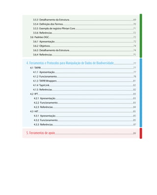 3.5.3 Detalhamento da Estrutura............................................................................................................................................69
3.5.4 Definição dos Termos..........................................................................................................................................................70
3.5.5 Exemplo de registro Plinian Core...............................................................................................................................71
3.5.6 Referências.................................................................................................................................................................................72
3.6 Padrões OGC........................................................................................................................................................................................72
3.6.1 Apresentação............................................................................................................................................................................72
3.6.2 Objetivos......................................................................................................................................................................................74
3.6.3 Detalhamento da Estrutura............................................................................................................................................74
3.6.4 Referências.................................................................................................................................................................................75
4. Ferramentas e Protocolos para Manipulação de Dados de Biodiversidade...........................................77
4.1 TAPIR..........................................................................................................................................................................................................77
4.1.1 Apresentação............................................................................................................................................................................77
4.1.2 Funcionamento.......................................................................................................................................................................78
4.1.3 TAPIR Wrappers.......................................................................................................................................................................81
4.1.4 TapirLink.......................................................................................................................................................................................82
4.1.5 Referências.................................................................................................................................................................................82
4.2 IPT................................................................................................................................................................................................................83
4.2.1 Apresentação..........................................................................................................................................................................83
4.2.2 Funcionamento.....................................................................................................................................................................83
4.2.3 Referências................................................................................................................................................................................84
4.3 HIT...............................................................................................................................................................................................................85
4.3.1 Apresentação..........................................................................................................................................................................85
4.3.2 Funcionamento.....................................................................................................................................................................85
4.3.3 Referências................................................................................................................................................................................87
5. Ferramentas de apoio...........................................................................................................................................................................89
 