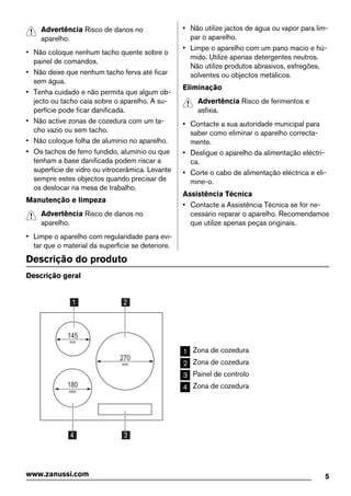 Advertência Risco de danos no
aparelho.
• Não coloque nenhum tacho quente sobre o
painel de comandos.
• Não deixe que nenhum tacho ferva até ficar
sem água.
• Tenha cuidado e não permita que algum ob-
jecto ou tacho caia sobre o aparelho. A su-
perfície pode ficar danificada.
• Não active zonas de cozedura com um ta-
cho vazio ou sem tacho.
• Não coloque folha de alumínio no aparelho.
• Os tachos de ferro fundido, alumínio ou que
tenham a base danificada podem riscar a
superfície de vidro ou vitrocerâmica. Levante
sempre estes objectos quando precisar de
os deslocar na mesa de trabalho.
Manutenção e limpeza
Advertência Risco de danos no
aparelho.
• Limpe o aparelho com regularidade para evi-
tar que o material da superfície se deteriore.
• Não utilize jactos de água ou vapor para lim-
par o aparelho.
• Limpe o aparelho com um pano macio e hú-
mido. Utilize apenas detergentes neutros.
Não utilize produtos abrasivos, esfregões,
solventes ou objectos metálicos.
Eliminação
Advertência Risco de ferimentos e
asfixia.
• Contacte a sua autoridade municipal para
saber como eliminar o aparelho correcta-
mente.
• Desligue o aparelho da alimentação eléctri-
ca.
• Corte o cabo de alimentação eléctrica e eli-
mine-o.
Assistência Técnica
• Contacte a Assistência Técnica se for ne-
cessário reparar o aparelho. Recomendamos
que utilize apenas peças originais.
Descrição do produto
Descrição geral
1
3
2
270
mm
180
mm
145
mm
4
1 Zona de cozedura
2 Zona de cozedura
3 Painel de controlo
4 Zona de cozedura
5www.zanussi.com
 