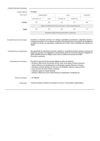 COMPETÊNCIAS PESSOAIS
Língua materna Português
Outras línguas COMPREENDER FALAR ESCREVER
Compreensão oral Leitura Interacção oral Produção oral
Francês C2 C2 C1 C1 B2
Diplôme de Maitrise de la langue Française - Nivaux Académique (B2)
Inglês C2 C2 C2 C2 C1
Disciplina de Inglês do Ensino Secundário | continuação
Competências de comunicação Considero ser bastante acessível e ter óptimas capacidades comunicativas, adquiridas durante o
contacto permanente com os clientes nos ateliers mencionados bem como através do atendimento
ao público em geral e na organização e colaboração de eventos. Gosto e facilidade pelo trabalho em
equipa.
Competências de organização Boa capacidade de organização de tarefas e objectivos, competências práticas ganhas no processo de
projeto de execução e sua legalização e licenciamento junto de Communes enquanto estagiário no
atelier MAISIN Associés na Bélgica, assim como na cadeira de Economia de Projeto.
Pro-activo e autónomo.
Competências informáticas Para além do domínio das ferramentas digitais na óptica do utilizador:
• Windows, Office (Excel, PowerPoint, Word) / Mac, iwork (Pages, Numbers, Keynote)
• Adobe Collection, bem familiarizado com Photoshop, Indesign, Illustrator, Premier;
• Autodesk, excelente utilizador de Auto-cad e 3D StudioMax, algumas noções de Revit;
• Curso intensivo de Vector Works e Archicad;
• Utilizador regular de Google Sketshup
• Artlantis e Rihnoceros, bons conhecimentos de renderização e modelação 3D.
Carta de Condução • B / ligeiros
Publicações “Senhores Projetos, No Bairro de Gonçalo M. Tavares”, Universidade Lusíada Editora
!3
 