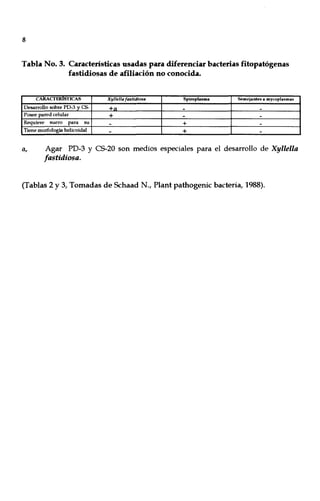 8
Tabla No. 3. Características usadas para diferenciar bacterias fitopatógenas
fastidiosas de afiliación no conocida.
CARAcrERlSTICAS Xlj/le/lR[RstidioSR Spiropl••m. SemejAntes ti; mycoplilsMas
Desarrollo sobre PD-3 y es- +" - -
Posee pared celular + - -
Requiere suero para su - + -
Tiene morfología helicoidal
- + -
a, Agar PD-3 y CS-20 son medios especiales para el desarrollo de Xyllella
fastidiosa.
(Tablas 2 Y3, Tomadas de Schaad N., Plant pathogenic bacteria, 1988).
 