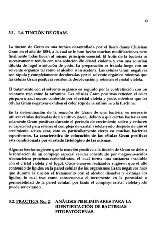 13
3.1. LA TINCIÓN DE GRAM.
La tinción de Gram es una técnica desarrollada por el físico danés Christian
Gram en el año de 1884, a la cual se le han hecho muchas modificaciones. pero
finalmente todas llevan al mismo principio esencial. El frotis de la bacteria es
sucesivamente teñido con una solución de cristal violenta y con una solución
diluida de lugol o solución de yodo. La preparación es tratada luego con un
solvente orgánico tal como el alcohol o la acetona. Las células Gram negativas
son rápida y completamente decoloradas por el solvente orgánico mientras que
las células Gram positivas resisten la decoloración y retienen el cristal violeta.
El tratamiento con el solvente orgánico es seguido por la contratinción con un
colorante rojo como la safranina. Las células Gram positivas retienen el color
púrpura o azul oscuro conferido por el cristal violeta y yodo, mientras que las
células Gram negativas exhiben el color rojo de la safranina o la fuschina.
En la determinación de la reacción de Gram de una bacteria, es necesario
utilizar células derivadas de un cultivo jóven, debido a que ciertas bacterias son
solamente Gram positivas durante el periodo de crecimiento activo y reducen
su capacidad para retener el complejo de cristal violeta-yodo después de que el
crecimiento activo cesa; esto es particularmente cierto en muchas bacterias
esporiformes. La característica de coloración de las células Gram positivas
esta condicionada por el estado fisiológico de las mismas.
Algunas teorías sugieren que la reacción positiva a la tinción de Gram se debe a
la formación de un complejo especial celular constituido por magnesio-ácidos
ribonucleicos-proteínas-carbohidratos, el cual forma una sustancia insoluble
con el cristal violeta y el lugol. Otros ensayos realizados sugieren que el alto
contenido de lípidos en la pared celular de los organismos Gram negativos hace
que durante la tinción el tratamiento con el alcohol disuelva y extraiga los
lípidos, lo cual trae como consecuencia el incremento en la porosidad o
permeabilidad de la pared celular, por tanto el complejo cristal violeta-yodo
puede ser extraído.
3.2. PRACTICA No.~: ANÁLISIS PRELIMINARES PARA LA
IDENTIFICACIÓN DE BACTERIAS
FITOPATÓGENAS.
 
