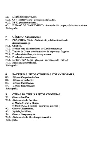 6.2. MEDIOS SELECTIVOS.
6.2.1. CVP (cristal violeta - pectato modificado).
6.2.2. KBBC (Moham; Schaad).
6.3. ENSAYO DE DIAGNOSTICO: Acumulación de poly-B-hidroxibutirato.
Bibliografía.
7. GÉNERO Xanthomonas.
7.1. PRÁCTICA No. 6: Aislamiento y determinación de
Xanthomonas sp.
7.1.1. Objetivo.
7.1.2. Medios para el aislamiento de Xanthomonas sp.
7.1.3. Tinción de Gram, determinación de esporas y flagelos.
7.1.4. Pruebas de oxidasa, catalasa y ureasa.
7.1.5. Prueba de anaerobiosis.
7.1.6. Medio GYCA (agar - glucosa - Carbonato de calcio)
7.1.7. Hidrólisis de proteínas.
Bibliografía.
8. BACTERIAS FITOPATÓGENAS CORYNEFORMES.
8.1. Género Corynebaderium.
8.2. Género Arthobader.
8.3. Género Clavibader.
8.4. Género Rhodococcus.
Bibliografía.
9. OTRAS BACTERIAS FITOPATÓGENAS.
9.1. Género Bacillus.
9.1.1. Aislamiento de Bacillus.
a) Medio Mundt y Hinke.
b) Medio CAG (caseína - agar plus- glucosa)
9.2. Género Clostridium.
9.3. Xyllela fastidiosa.
9.4. Género Streptomyces.
9.4.1. Aislamiento de Streptomyces scabies.
Bibliografía.
 