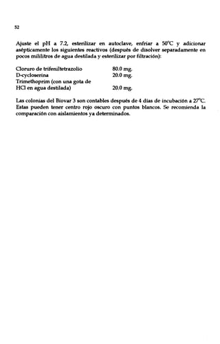 52
Ajuste el pH a 7.2, esterilizar en autoclave, enfriar a SOoC y adicionar
asépticamente los siguientes reactivos (después de disolver separadamente en
pocos mililitros de agua destilada y esterilizar por filtración):
aoruro de trifeniltetrazolio
D-cycloserina
Trimethoprim (con una gota de
Ha en agua destilada)
80.0mg.
20.0mg.
20.0mg.
Las colonias del Biovar 3 son contables después de 4 días de incubación a 2¡OC.
Estas pueden tener centro rojo oscuro con puntos blancos. Se recomienda la
comparación con aislamientos ya determinados.
 