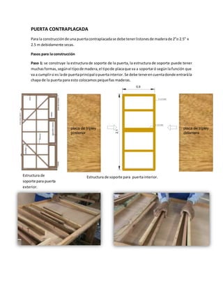 0,9
2,1
2" x 2"x 0.8m
2" x 2"x 0.8m
placa de tripley
posterior
placa de tripley
delantera
PUERTA CONTRAPLACADA
Para la construcciónde una puertacontraplacadase debe tenerlistonesde maderade 2”o 2.5” x
2.5 m debidamente secas.
Pasos para la construcción
Paso 1: se construye la estructura de soporte de la puerta, la estructura de soporte puede tener
muchasformas,segúnel tipode madera,el tipode placaque va a soportaró segúnla función que
va a cumplirsi es lade puertaprincipal opuertainterior. Se debe tenerencuentadonde entrarála
chapa de la puerta para esto colocamos pequeñas maderas.
Estructura de
soporte para puerta
exterior.
Estructura de soporte para puertainterior.
 