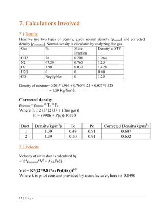 11 | P a g e
7. Calculations Involved
7.1 Density
Here we use two types of density, given normal density [normal] and corrected
density [corrected]. Normal density is calculated by analyzing flue gas.
Gas % Mole
Fraction
Density at STP
CO2 28 0.201 1.964
N2 67.29 0.760 1.25
O2 3.90 0.037 1.428
H2O 0 0 0.80
CO Negligible 0 1.25
Density of mixture= 0.201*1.964 + 0.760*1.25 + 0.037*1.428
= 1.39 Kg/Nm^3.
Corrected density
corrected = normal * Tc * Pc
Where Tc = 273/ (273+T (flue gas))
Pc = (9986 + P(s))/10330
Duct Density(kg/m3
) Tc Pc Corrected Density(kg/m3
)
1 1.39 0.48 0.91 0.607
2 1.39 0.50 0.91 0.632
7.2 Velocity
Velocity of air in duct is calculated by
= ½*corrected*V2
= Avg.P(d)
Vel = K*((2*9.81*avP(d))/(s))0.5
Where k is pitot constant provided by manufacturer, here its 0.8490
 