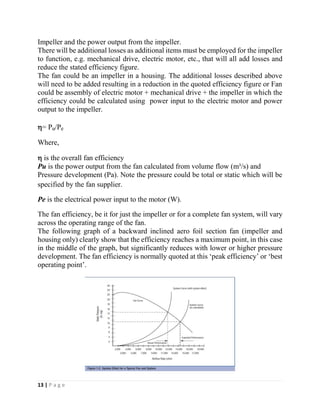 13 | P a g e
Impeller and the power output from the impeller.
There will be additional losses as additional items must be employed for the impeller
to function, e.g. mechanical drive, electric motor, etc., that will all add losses and
reduce the stated efficiency figure.
The fan could be an impeller in a housing. The additional losses described above
will need to be added resulting in a reduction in the quoted efficiency figure or Fan
could be assembly of electric motor + mechanical drive + the impeller in which the
efficiency could be calculated using power input to the electric motor and power
output to the impeller.
= Pu/Pe
Where,
 is the overall fan efficiency
Pu is the power output from the fan calculated from volume flow (m³/s) and
Pressure development (Pa). Note the pressure could be total or static which will be
specified by the fan supplier.
Pe is the electrical power input to the motor (W).
The fan efficiency, be it for just the impeller or for a complete fan system, will vary
across the operating range of the fan.
The following graph of a backward inclined aero foil section fan (impeller and
housing only) clearly show that the efficiency reaches a maximum point, in this case
in the middle of the graph, but significantly reduces with lower or higher pressure
development. The fan efficiency is normally quoted at this ‘peak efficiency’ or ‘best
operating point’.
 